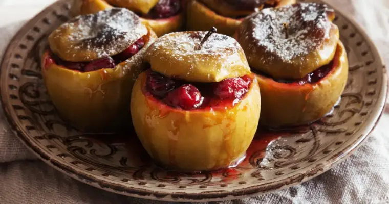 fruit and nut baked apples on a plate